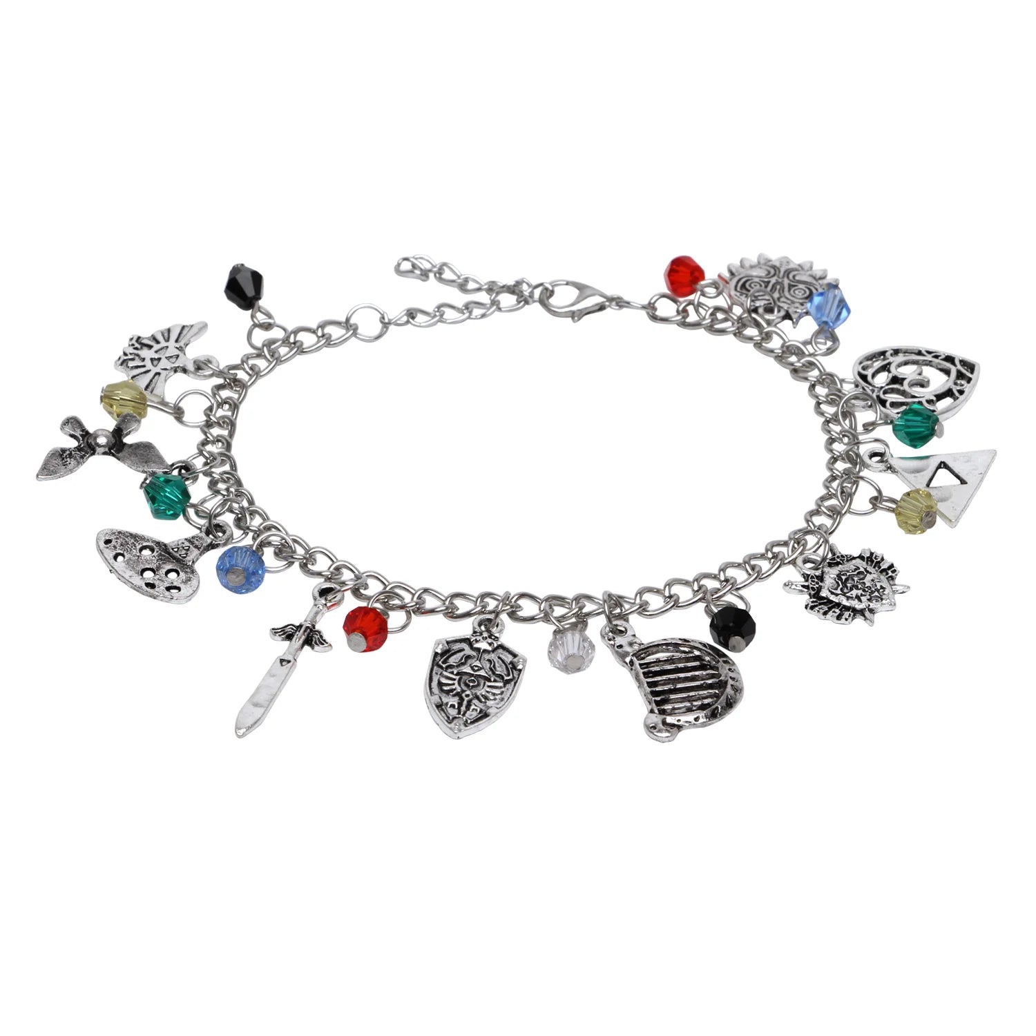 Silver charm bracelet inspired by Legend of Zelda with various themed charms