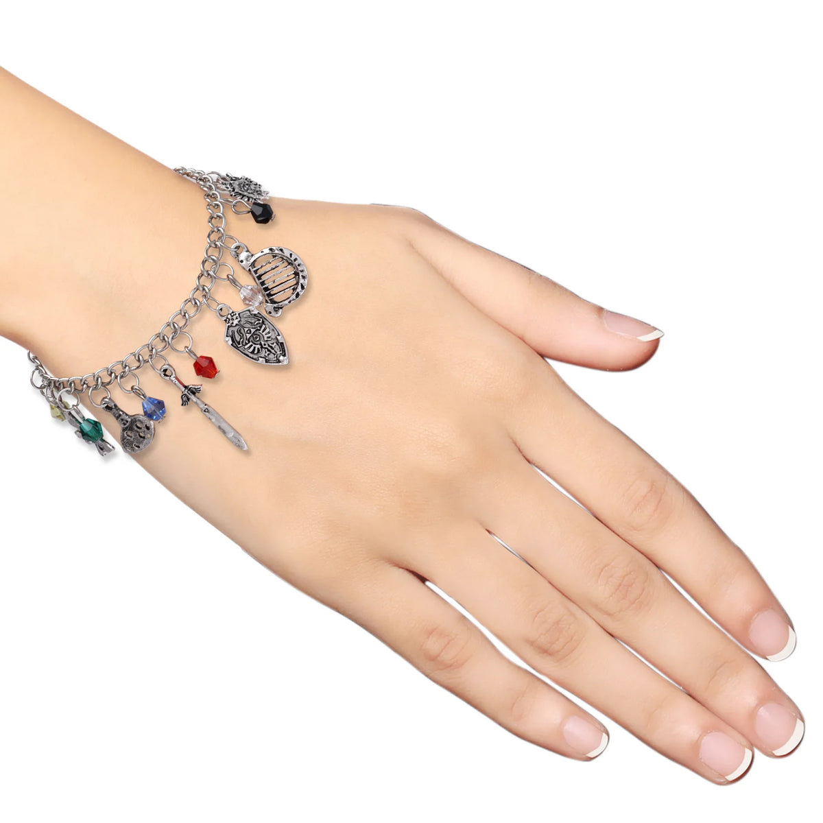 The Legend of Zelda charm bracelet with colorful charms and silver chain