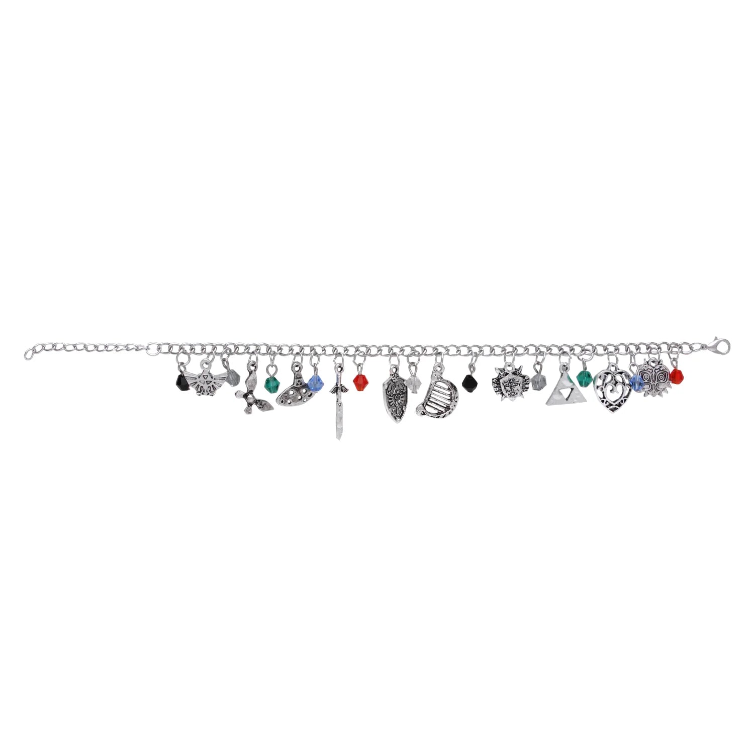 Legend of Zelda themed charm bracelet with multicolored beads and silver charms