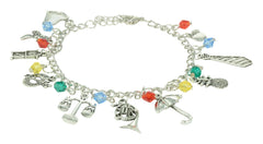 Colorful charm bracelet with various themed charms and beads