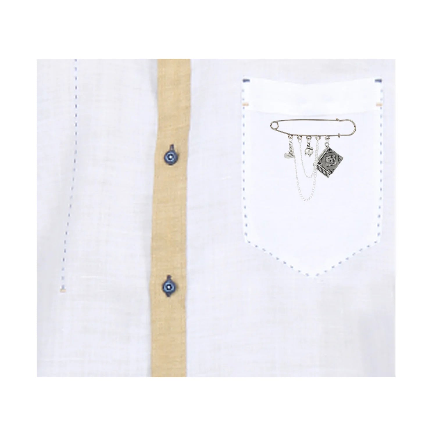 Harry Potter inspired silver brooch worn on shirt pocket