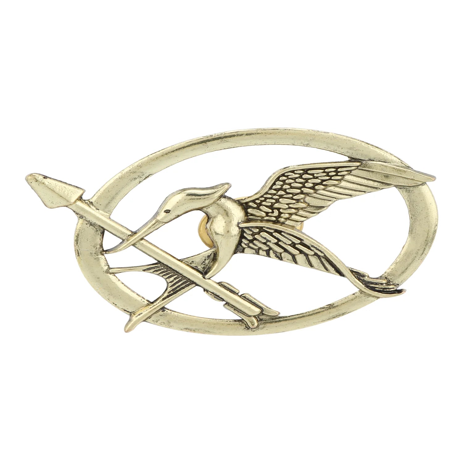 Close-up of Hunger Games inspired bronze Mockingjay brooch on white shirt