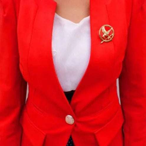 Red blazer with Hunger Games Mockingjay pin