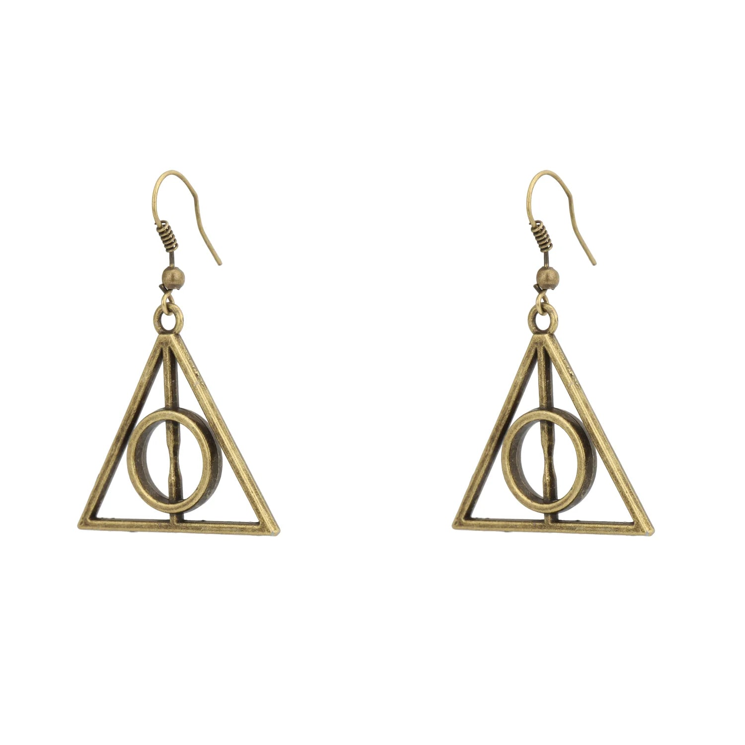 Gold Harry Potter Deathly Hallow earrings on model
