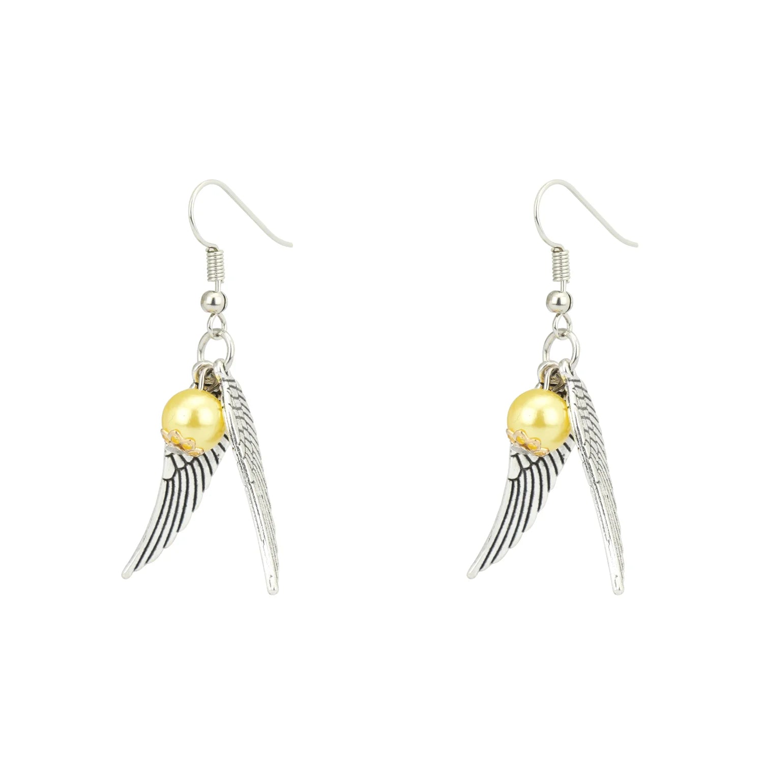 Silver wing Harry Potter inspired earrings with yellow pearl