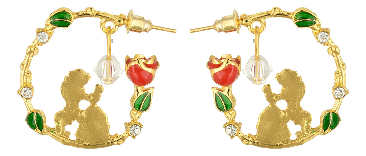 Gold hoop earrings with Belle and Beast silhouettes, red rose, green leaves, and crystal accents, inspired by Beauty and the Beast