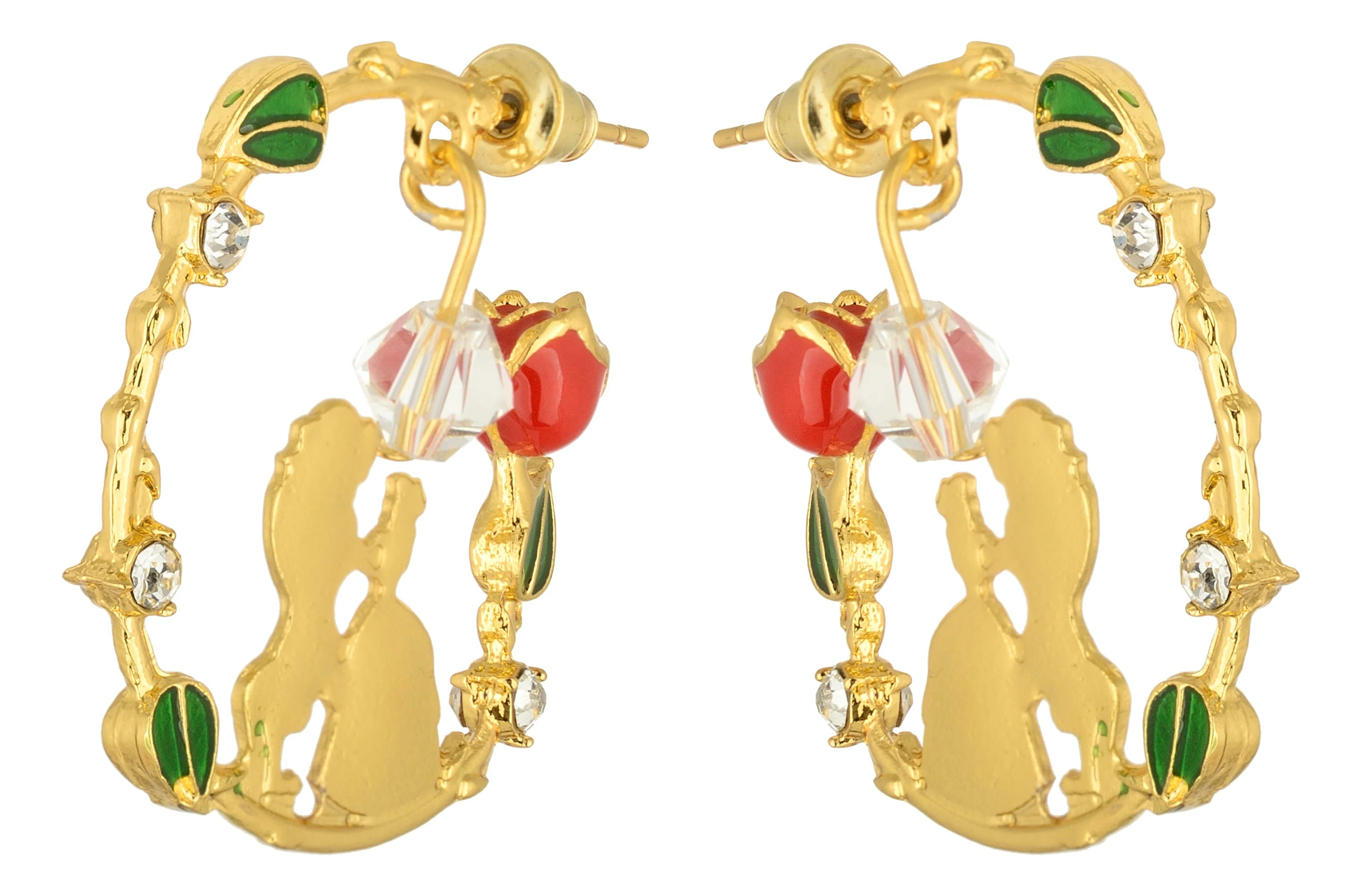 Back view of gold earrings featuring Belle and Beast silhouettes, red rose, green leaves, and crystal details, inspired by Beauty and the Beast