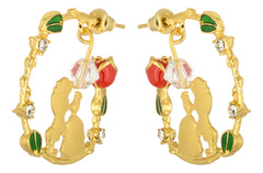 Back view of gold earrings featuring Belle and Beast silhouettes, red rose, green leaves, and crystal details, inspired by Beauty and the Beast