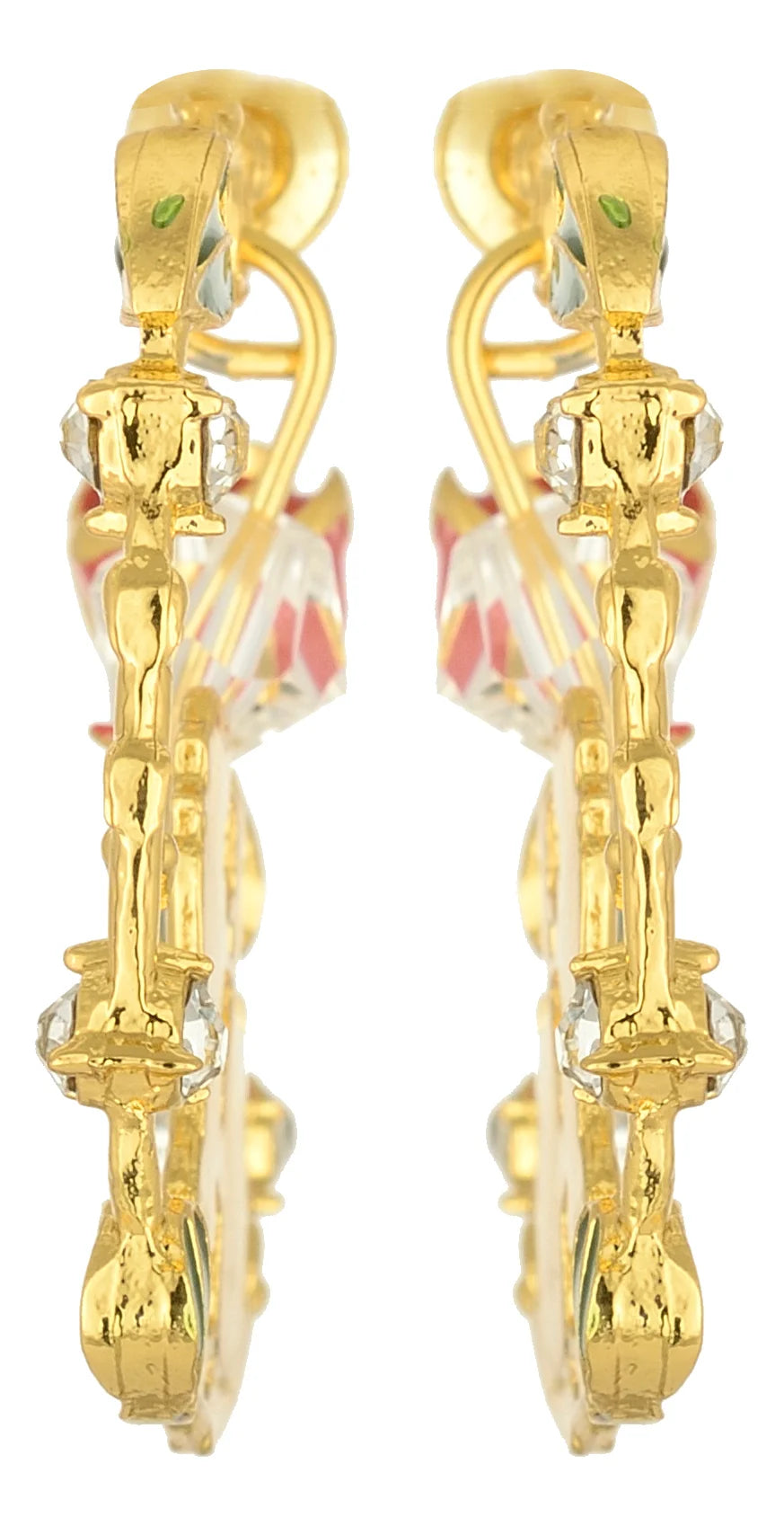 Side view of gold earrings with Belle and Beast silhouettes, red rose, green leaves, and crystal accents, inspired by Beauty and the Beast