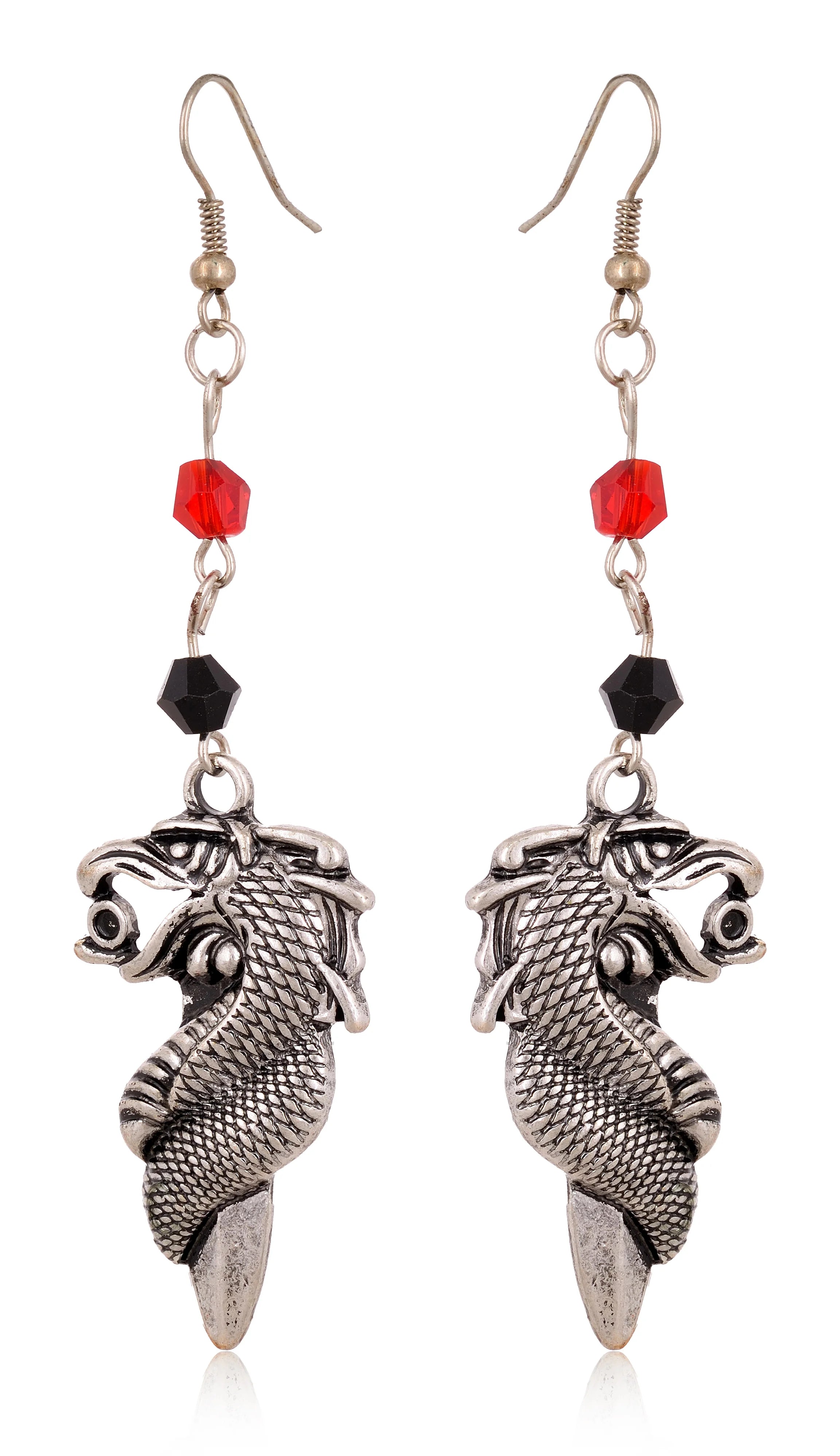 Silver dragon pendant earrings with red and black beads
