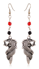 Silver dragon pendant earrings with red and black beads