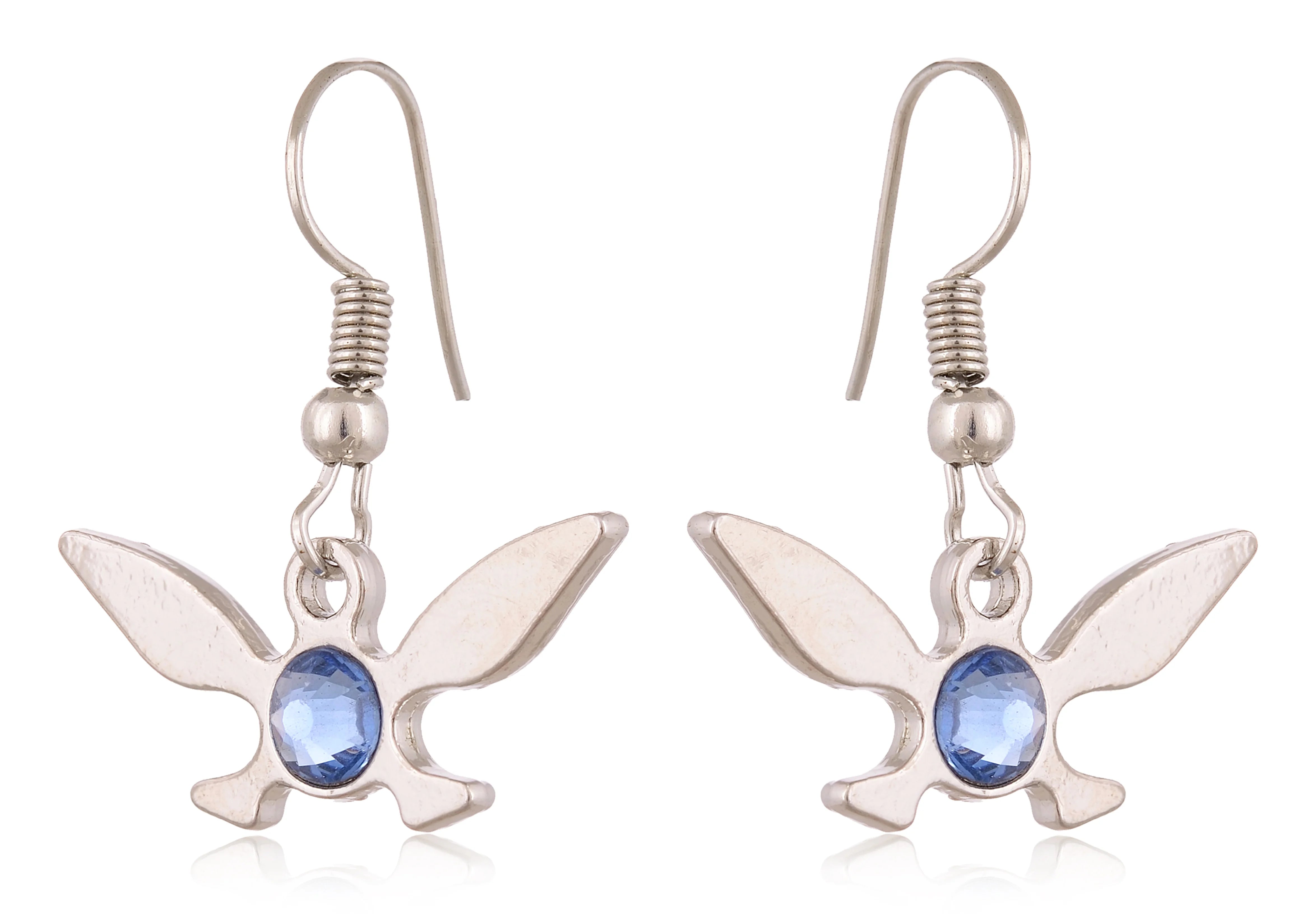 Close-up of silver Triforce earrings with blue gemstone from The Legend of Zelda