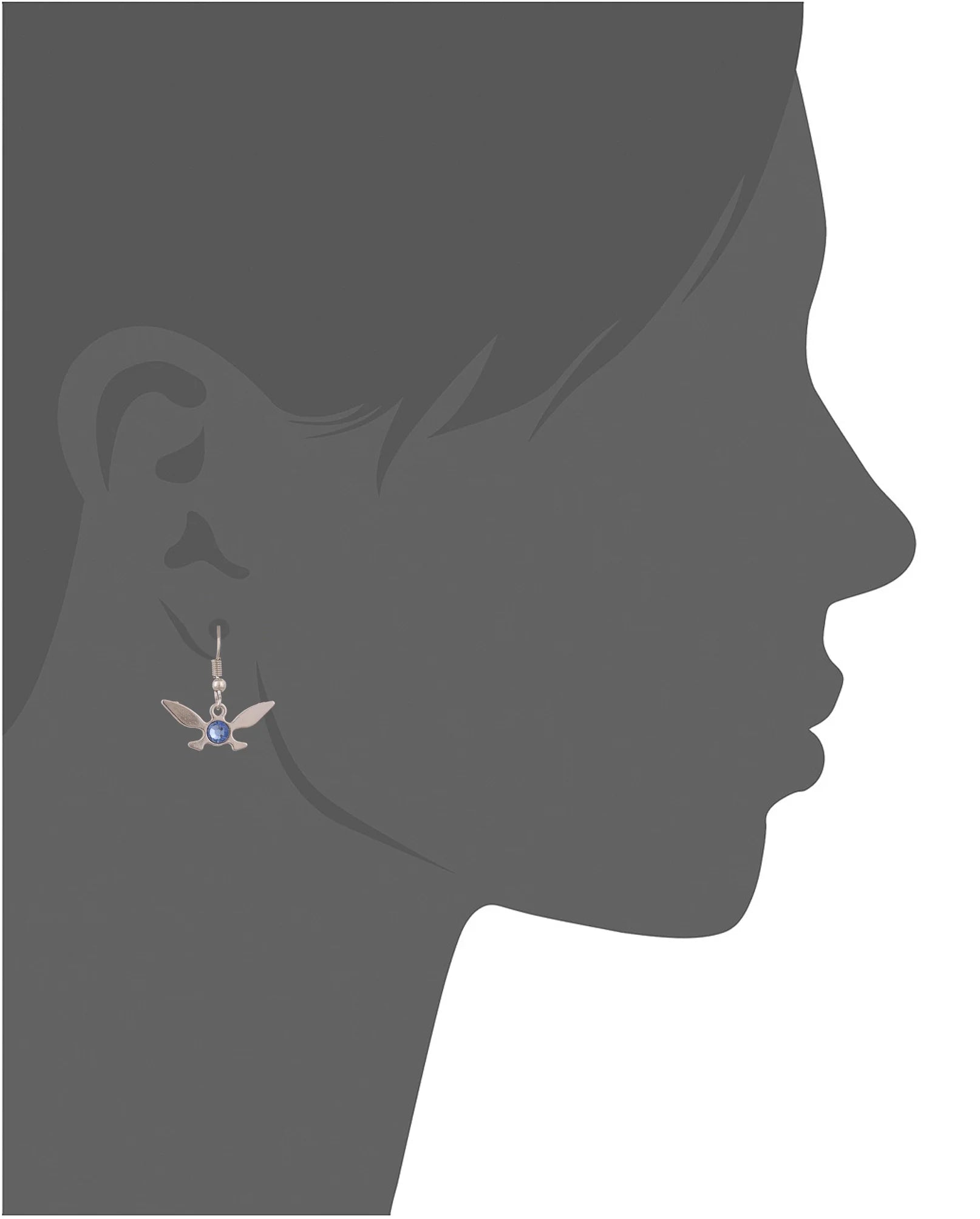 Woman wearing silver Triforce earrings with blue gemstone from The Legend of Zelda