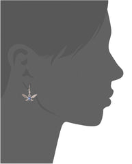 Woman wearing silver Triforce earrings with blue gemstone from The Legend of Zelda