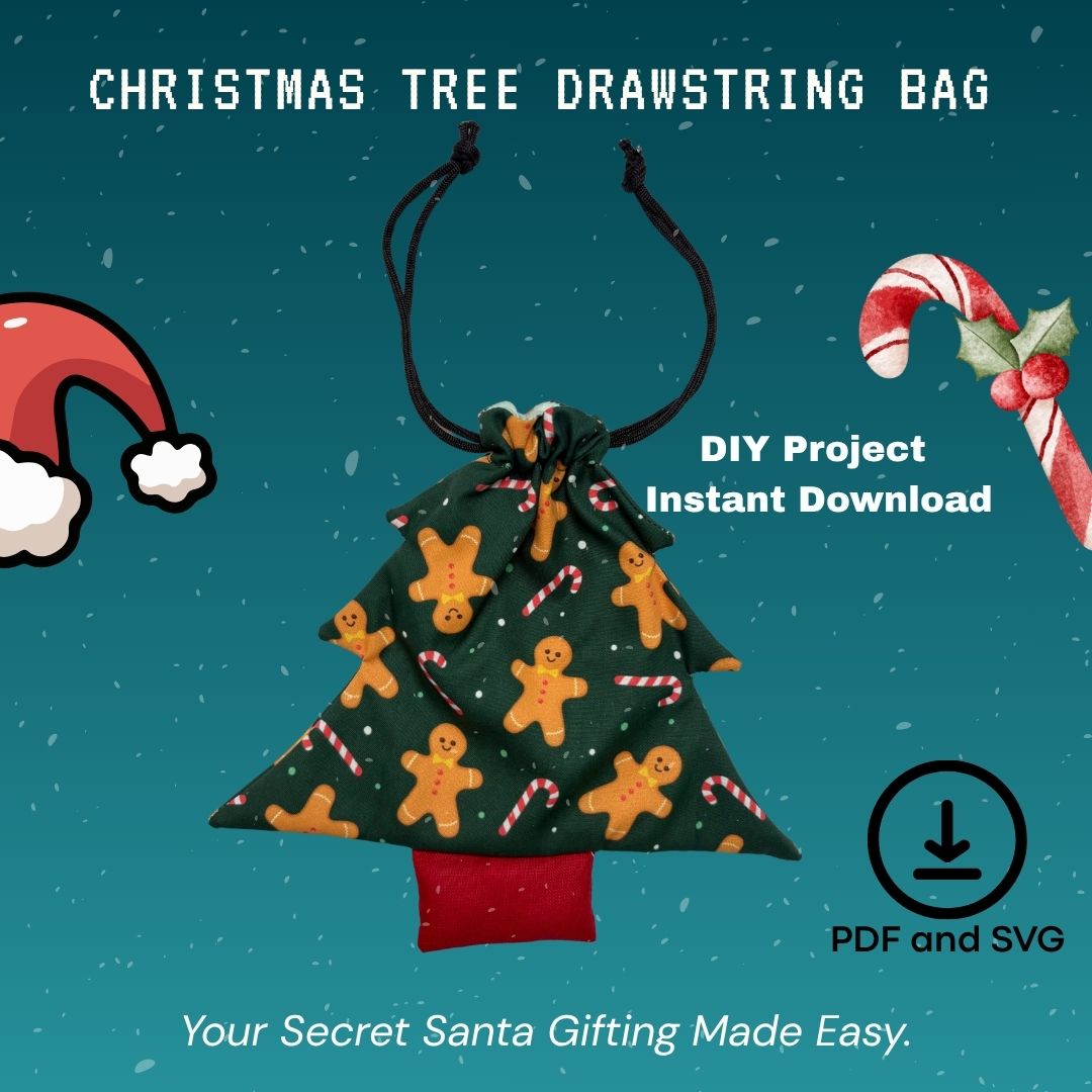 Christmas Tree Drawstring Bag Pattern featuring gingerbread and candy cane print, ideal for festive DIY gift bags. Includes PDF & SVG files for sewing.