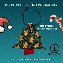 Christmas Tree Drawstring Bag Pattern featuring gingerbread and candy cane print, ideal for festive DIY gift bags. Includes PDF & SVG files for sewing.