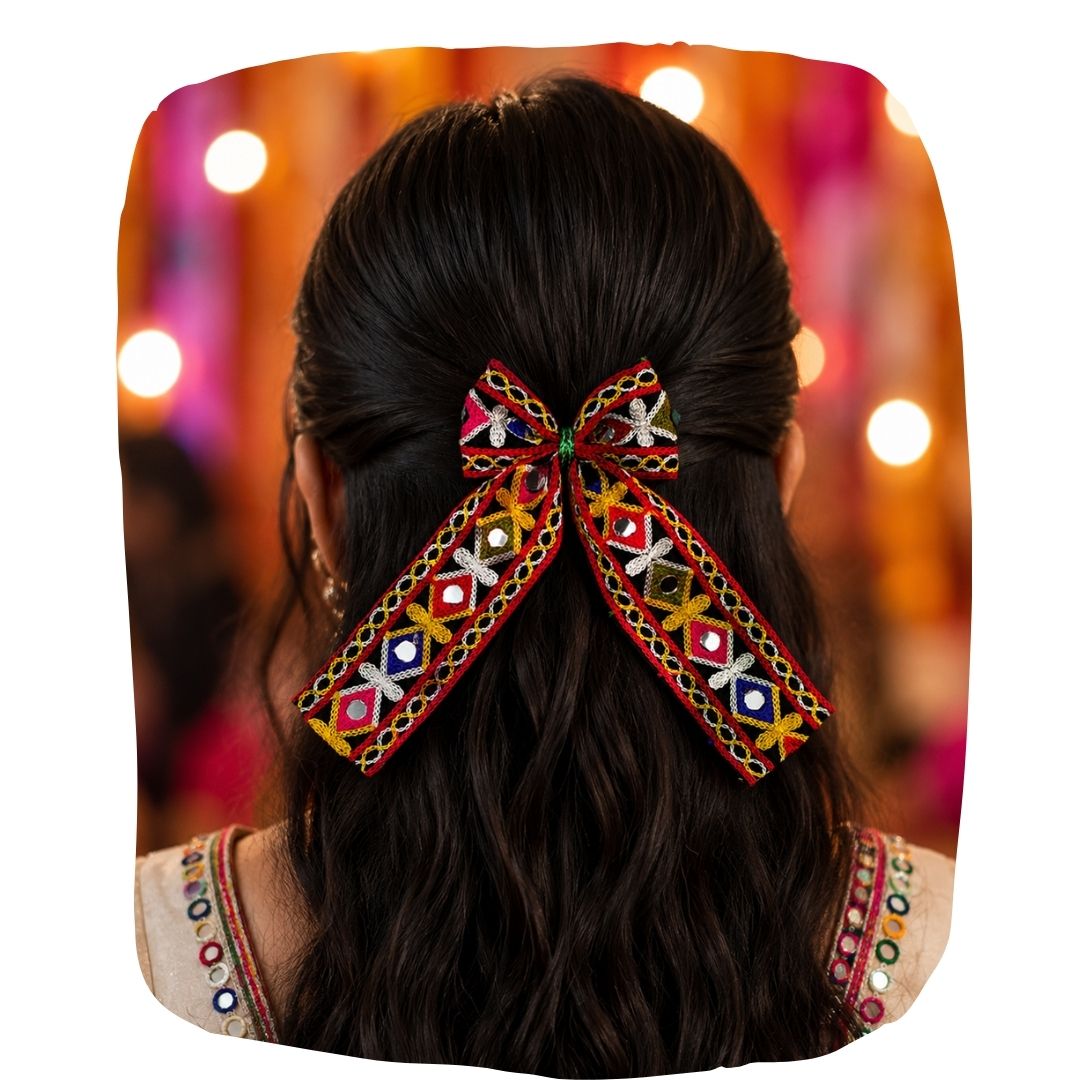 Rangtaari Pigtail Hair Bow – Traditional Navratri Hair Accessory