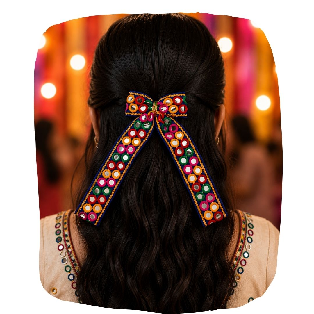 Dholida Pigtail Bow – Ethnic Navratri Hair Accessory for Girls