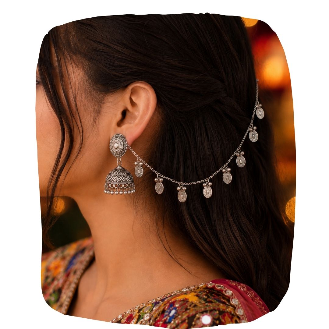 Navratri Silver Ghungroo and Coins Ear Chain /Hair Chain