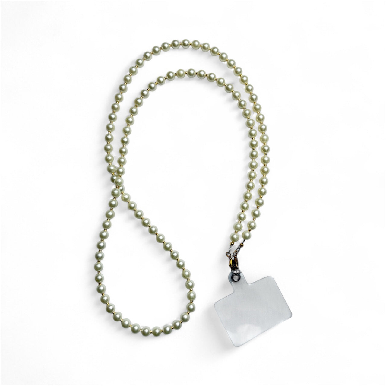 Elegant Navratri Pearl Phone Sling with white beads and clear phone tag, ideal for accessorizing festive traditional clothing.