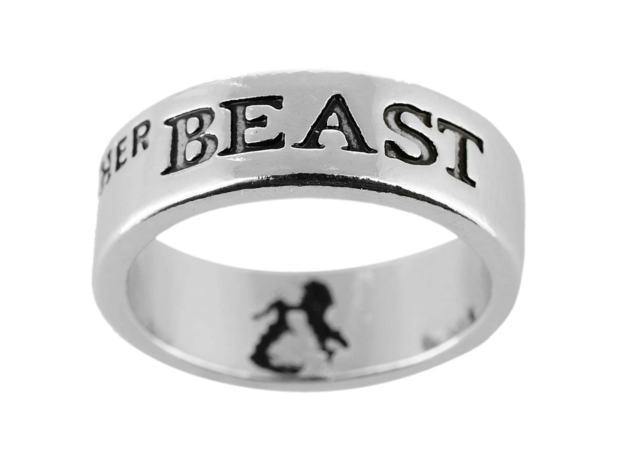 Her Beast ring with engraved text and wolf silhouette