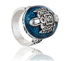 Blue gemstone ring with vampire logo jewelry for Vampire Diaries fans