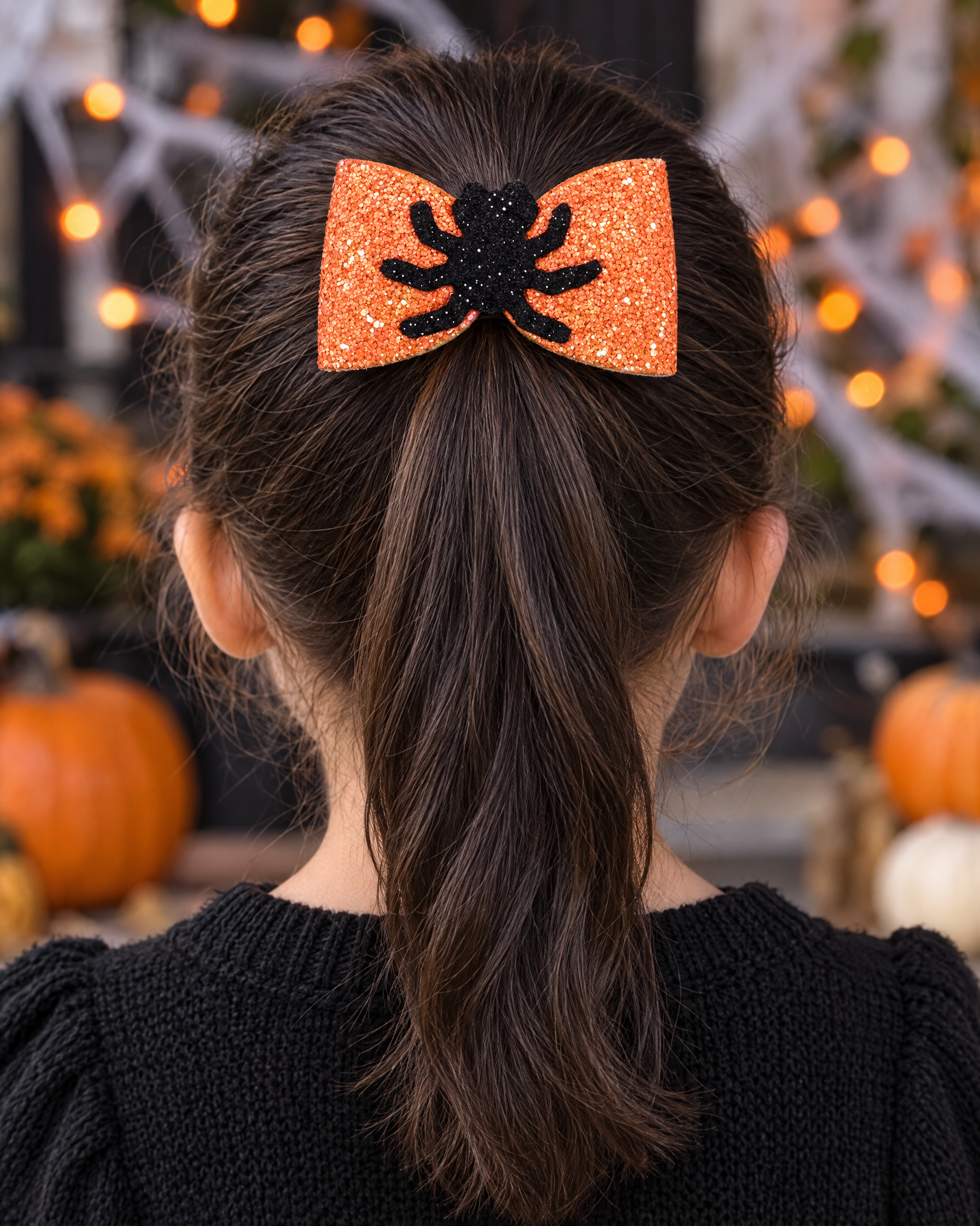 Itsy Spider orange glitter spider hair bow on a girl's ponytail