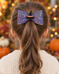 Witchy Lilac purple glitter witch hat hair bow on a girl's ponytail