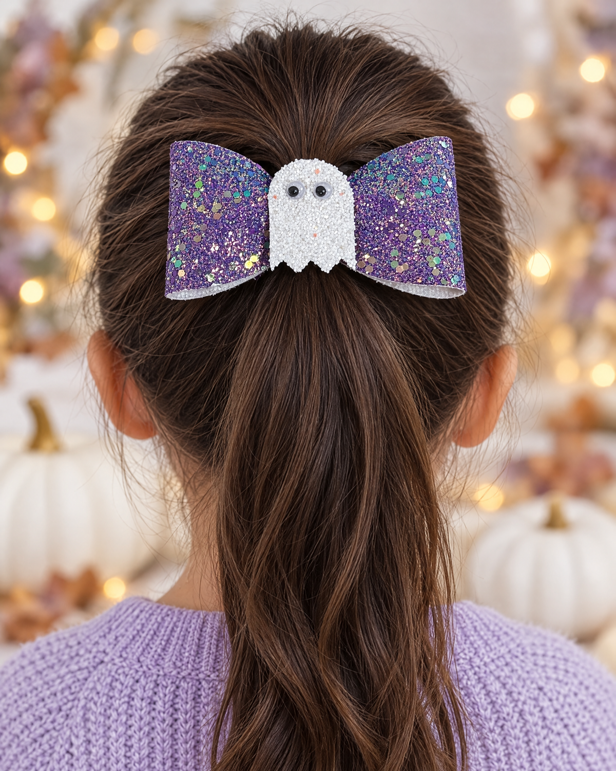 Lilac Boo purple glitter ghost hair bow on a girl's ponytail
