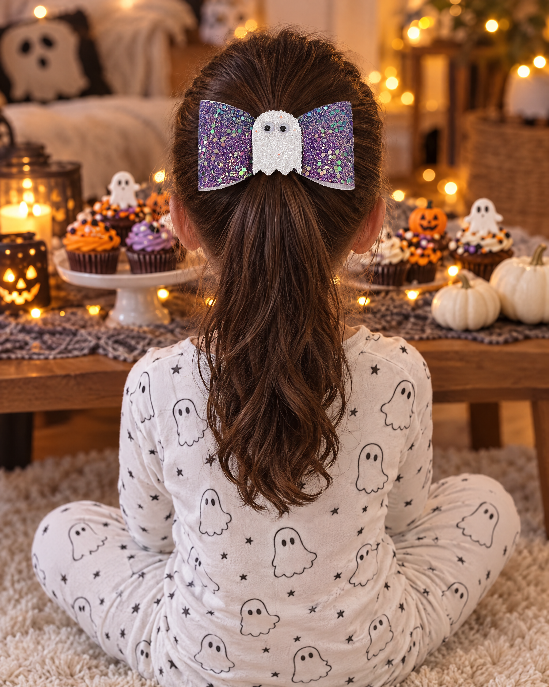 Girl in ghost pyjamas wearing the Lilac Boo hair bow