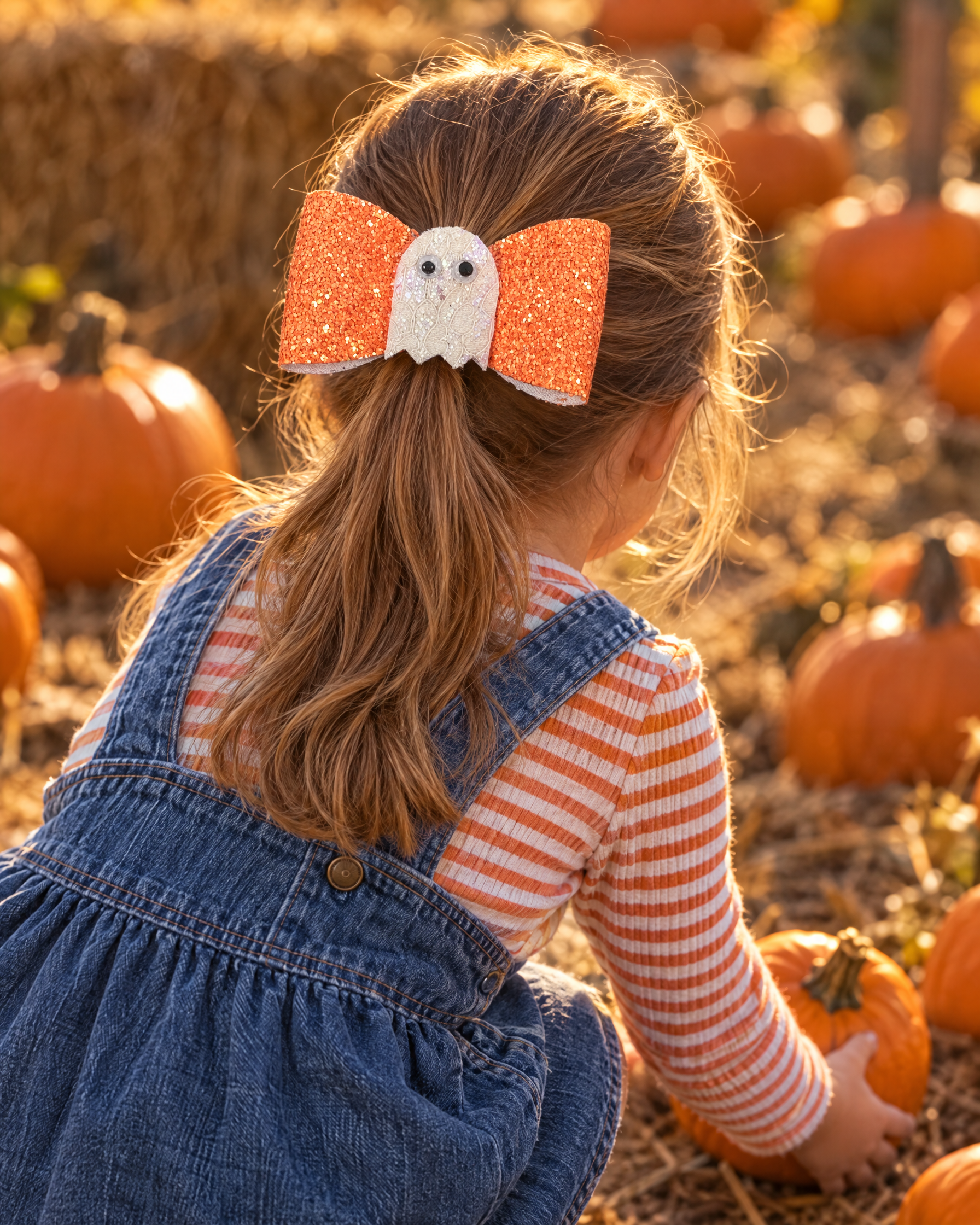Girl in a pumpkin patch wearing the Little Boo hair bow