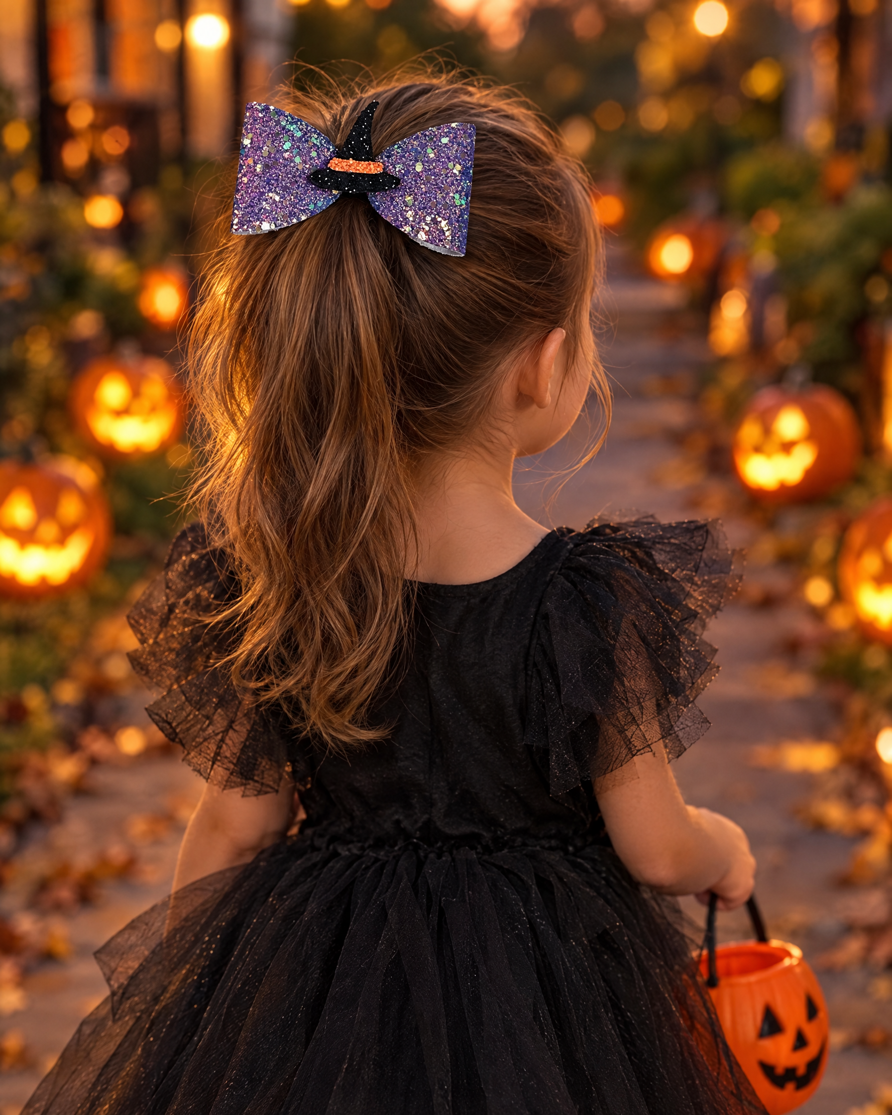 Girl trick-or-treating wearing the Witchy Lilac hair bow