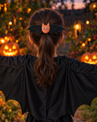 Girl in a bat cape wearing the Batty Wings hair clip