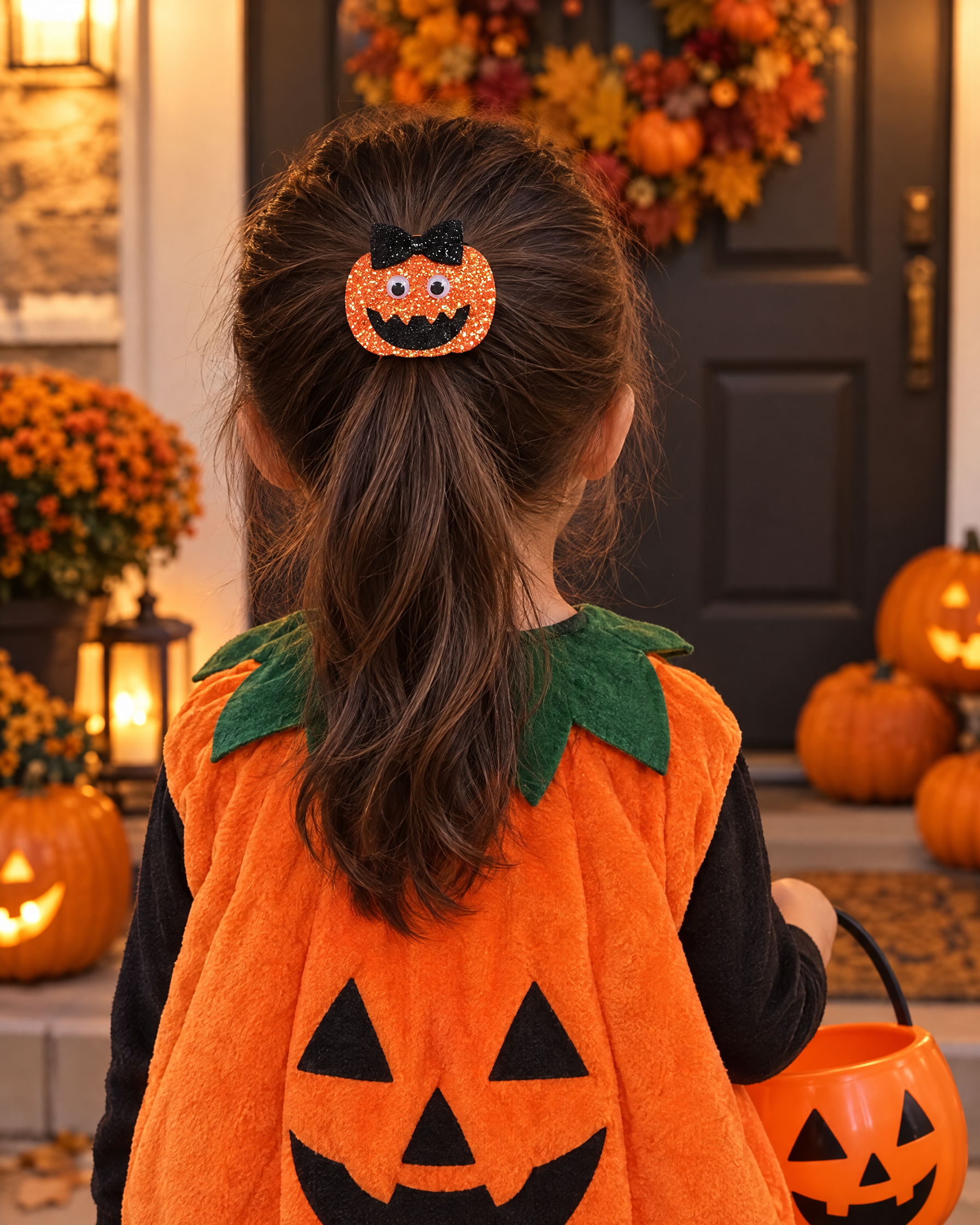 Girl in a pumpkin costume wearing the Jack-o'-Bow hair clip