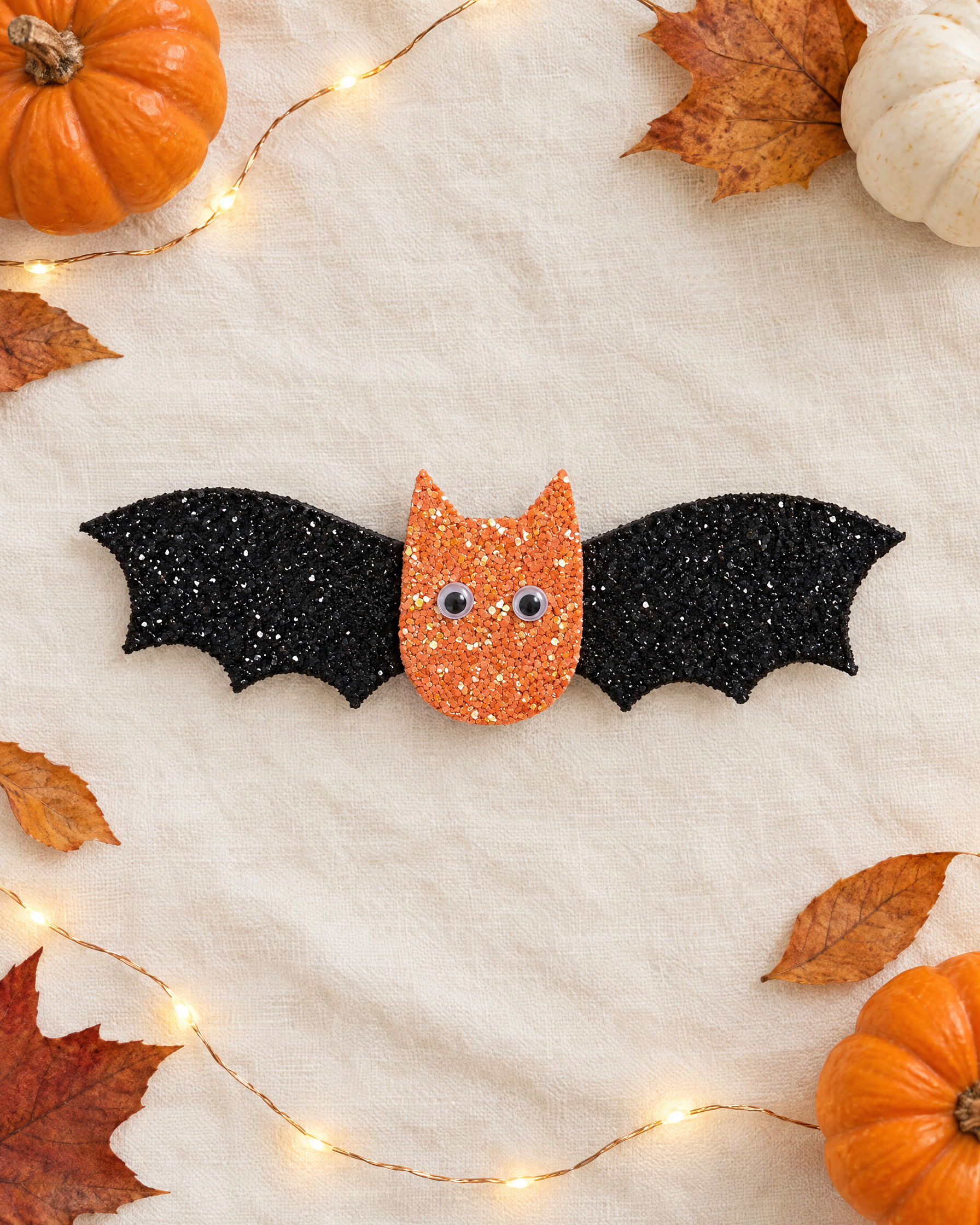 Batty Wings Halloween hair clip flat lay with mini pumpkins