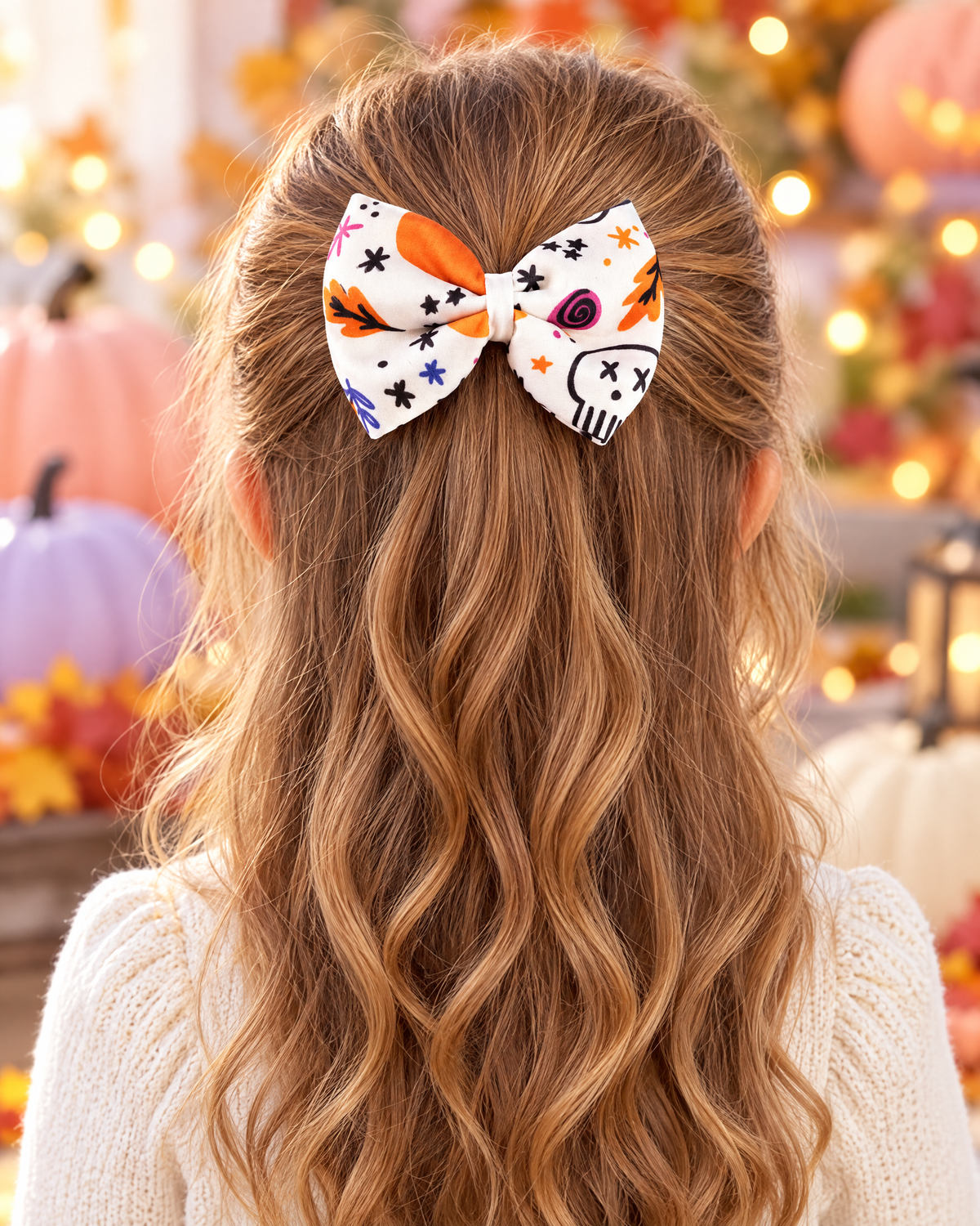Girl wearing White Skull & Stars Halloween Hair Bow, half-up style