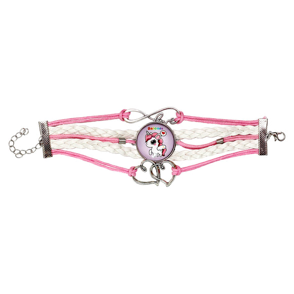 Pink Multi-Strand Faux Leather Infinte Love Unicorn Charm Bracelet [ABR022]