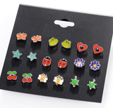 Colourful 9 Pairs of Fruits, Flowers and Bee Stud Earrings for Girls [AER086]