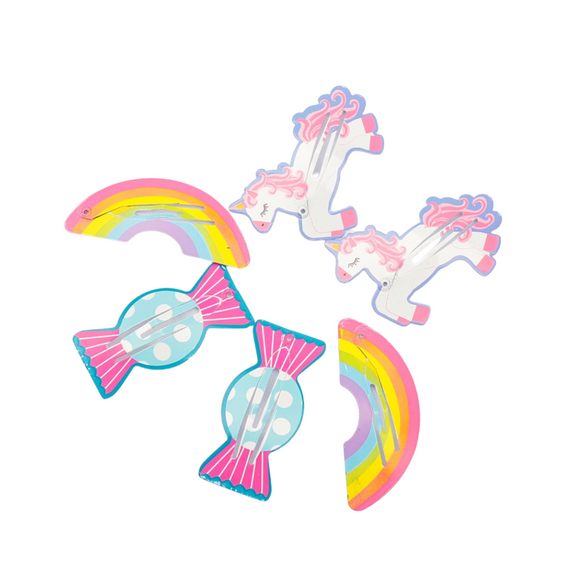 3 Pairs of Unicorn, Rainbow, Toffy Painted Plastic Hair Pin for Girls [AHA015]