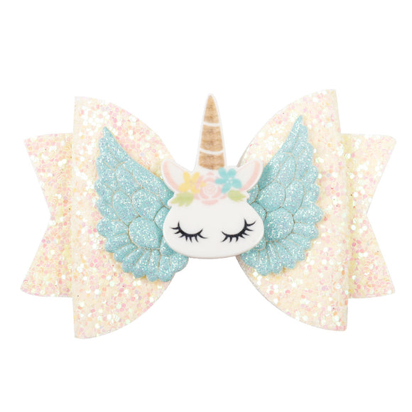 Colourful Shiny Sequins Unicorn 3 Inch White Bow for Young Girls [AHA020]