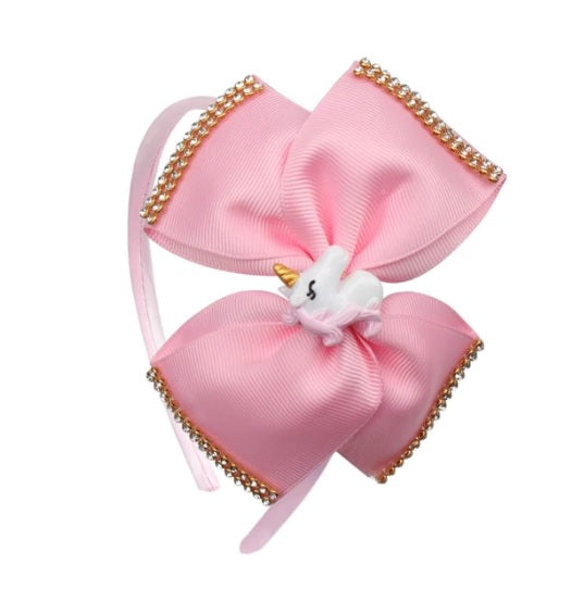 Grosgrain Pink Bow Hairband with Embellished Border and Unicorn Charm [AHA043]
