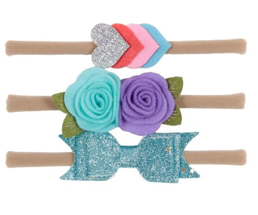 Set of 3 Baby Hairbands with Roses and Bows in Blue Lilac [AHA068]