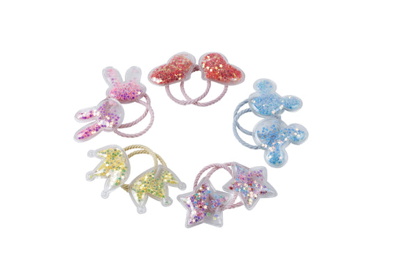 5 Pairs of Colourful Glitter Elastic Hair Ties with Heart, Star, Crown Charms [AHA155]