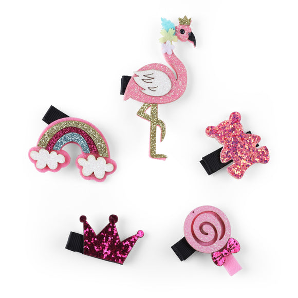 Set of 5 Pink Glitter Flamingo Queen Hair Clips [AHA157]