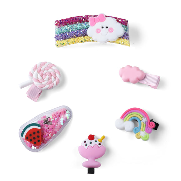 Set of 6 Pink Glitter Rainbow and Candy Hair Clips [AHA161]