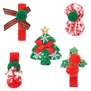 Christmas Pack of 5 Tree and Pom Pom Hair Clips for Girls [AHA177]