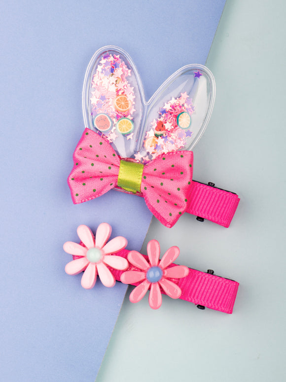 Set of 2 Pink Bunny Ears and Flower Hair Pins [AHA250]