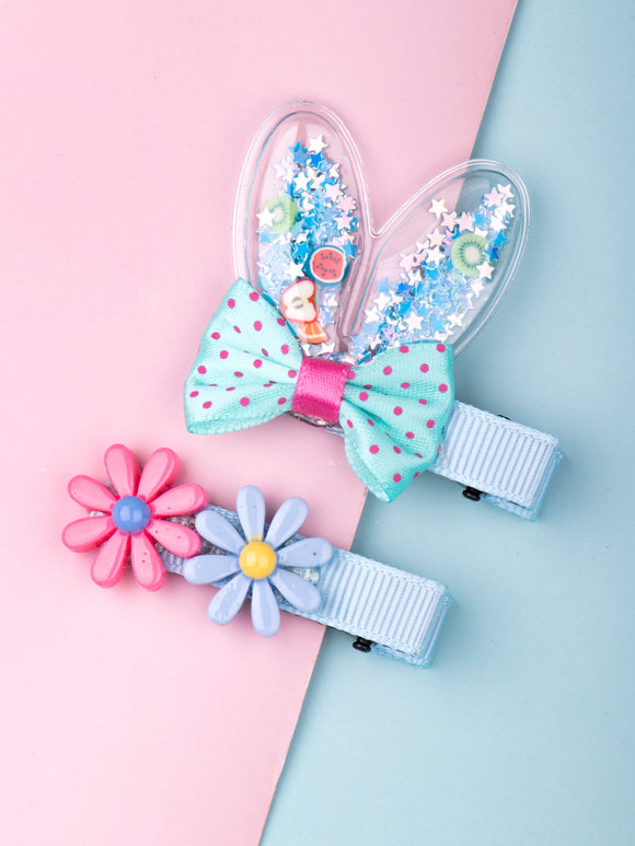 Set of 2 Blue Bunny Ears and Flower Hair Pins [AHA251]