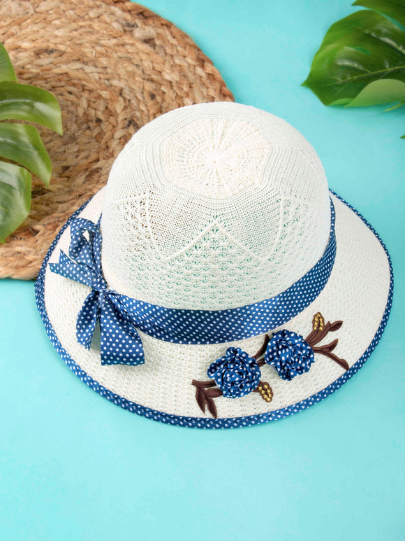 Arendelle Woven Fedora Blue Ribbon Flowers Sun Hat for Girls [AMS018]