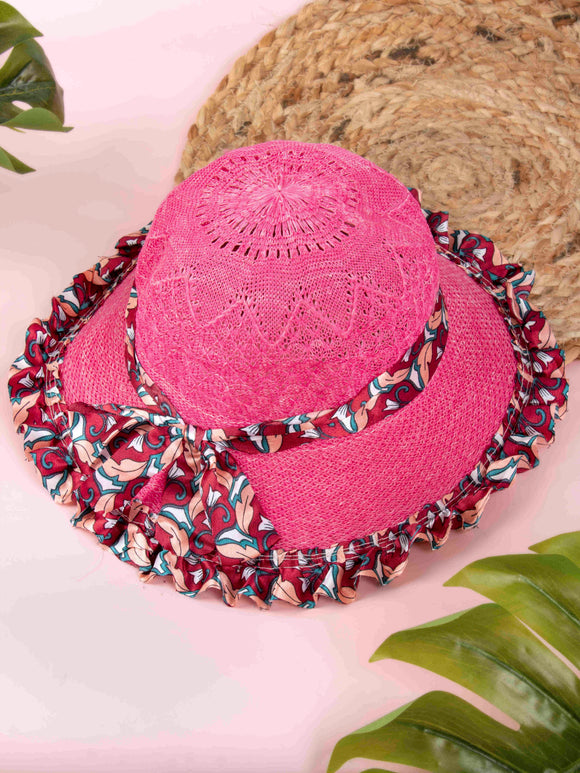 Arendelle Woven Fedora Dark Pink Floral Ribbon Sun Hat for Girls [AMS021]